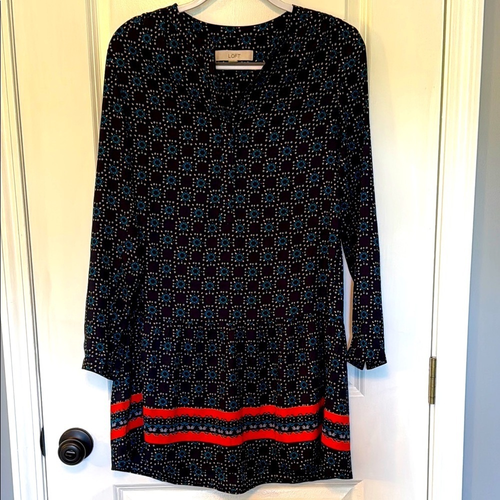 LOFT Blue Dress with Red and Blue Pattern